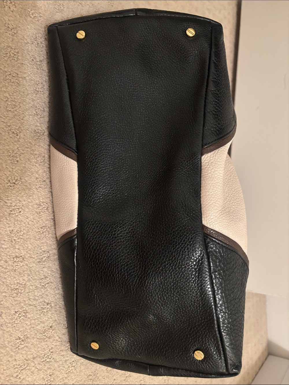 Tory Burch Cream and Brown Pebbled Leather Shoulder Bag with Black Trim - Picture 4 of 6